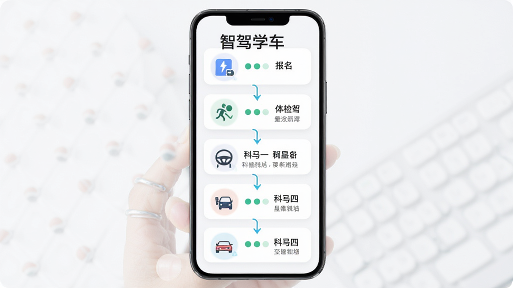 智驾学车学车流程指引页面,手机屏幕中呈现步骤式流程图,包含报名、体检、科目一至科目四节点,主体为一部手机与流程节点卡片,布局纵向排列,风格简约信息图风,细节有进度圆点与文字标签,画质清晰干净,无多余元素