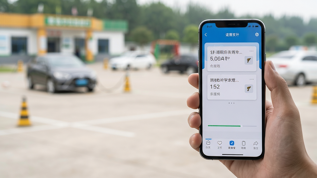 智驾学车移动端使用场景,一只手握持安卓手机展示刷题界面,背景为驾校训练场虚化场景,主体为手机与手部,布局居中偏右,风格生活化实拍感,细节有屏幕中的题目卡片与进度条,画质清晰干净,无多余元素