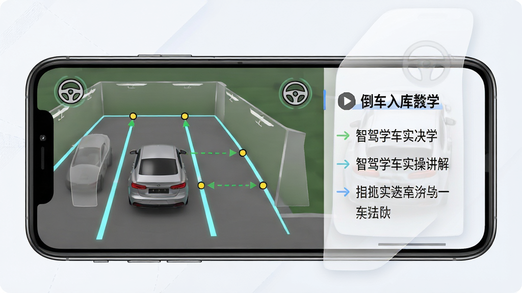 智驾学车实操讲解页面,手机横屏展示科目二倒车入库教学视频,画面中包含车身与库位标线示意,主体为手机与半透明操作示意图叠加,布局左视频右要点文字,风格清爽教学风,细节有方向盘图标与点位标注线,画质清晰干净,无多余元素