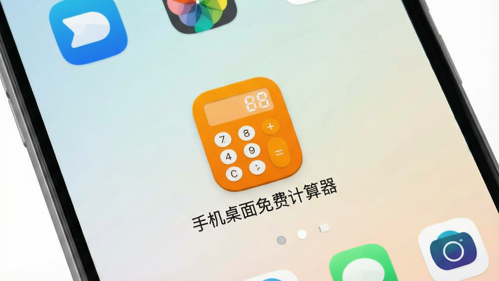 一张手机桌面截图,画面中央放置一个简洁的橙色计算器图标,图标下方显示“手机桌面免费计算器”名称,背景为浅色渐变壁纸,周围有少量常用应用图标,整体布局干净整齐,风格为扁平化写实UI风格,细节清晰,画质高清,干净无多余元素