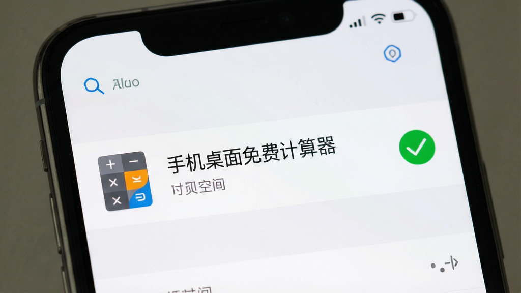 一张手机存储管理界面截图,画面显示“手机桌面免费计算器”占用空间极小,旁边有绿色对勾标识,背景为浅色系统设置页面,风格为写实系统UI,细节清晰,画质高清,干净无多余元素