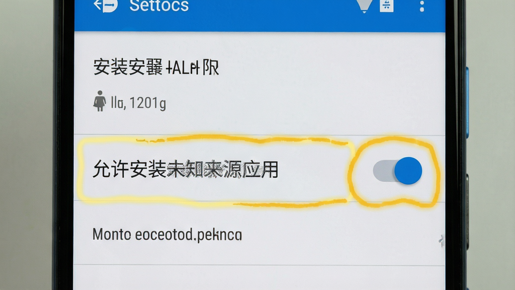 一张手机屏幕显示安装权限设置界面,画面中高亮标注“允许安装未知来源应用”开关,背景为安卓系统设置页面,风格为写实教程截图,细节清晰,画质高清,干净无多余元素