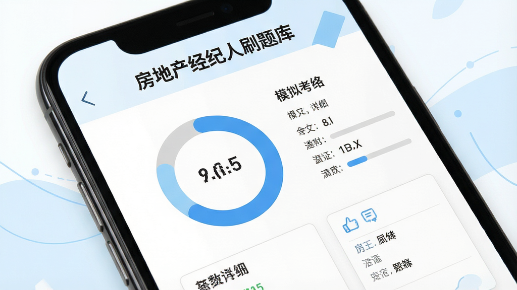 一张手机屏幕展示房地产经纪人刷题库模拟考试结果页面,页面中显示分数环形图和各项得分明细,顶部有“房地产经纪人刷题库”标识,背景为白色搭配淡蓝色装饰,风格简洁商务,布局清晰,画质高清干净