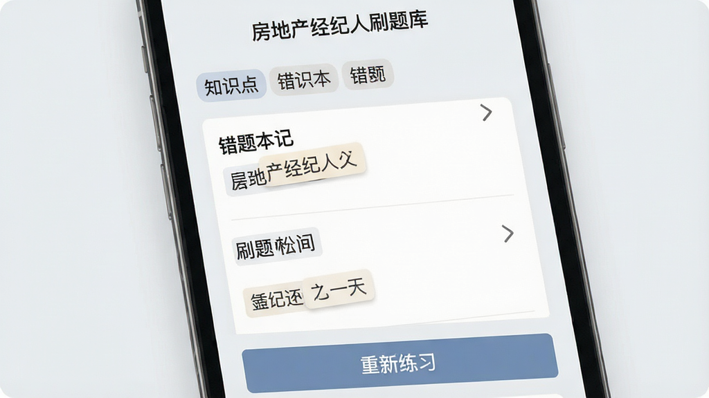 一张手机界面展示房地产经纪人刷题库错题本功能,页面顶部显示“房地产经纪人刷题库”字样,中间为错题列表和知识点标签,底部有“重新练习”按钮,背景为浅灰色,风格素雅清新,布局清晰,画质高清干净