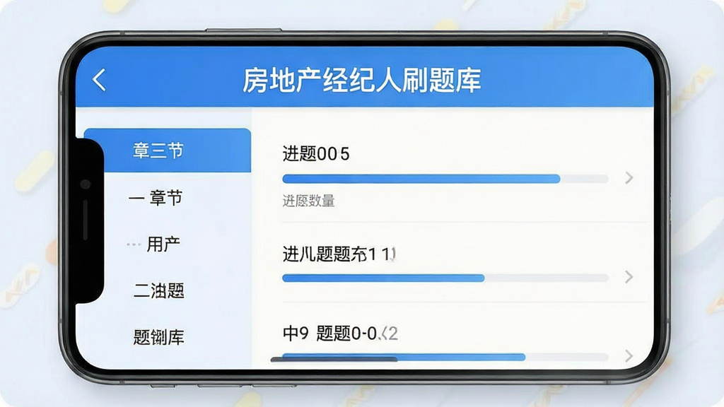 一张手机应用界面截图风格图片,展示房地产经纪人刷题库的题库列表页面,页面标题为“房地产经纪人刷题库”,左侧为章节分类导航,右侧显示题目数量和进度条,整体为清新蓝色调,布局规整,风格现代简约,细节清晰,画质高清干净