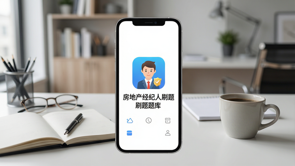 一张手机屏幕展示房地产经纪人刷题库应用主界面,画面中央是应用图标和名称“房地产经纪人刷题库”,背景为现代书房环境,桌面上摆放着笔记本和咖啡杯,整体布局清晰,风格写实简约,细节丰富,画质高清干净,无多余元素