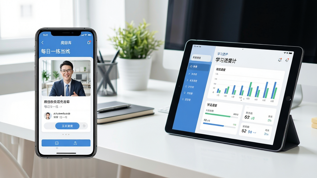 一张展示多设备同步学习的场景图,左侧为手机屏幕显示房地产经纪人刷题库每日一练界面,右侧为平板电脑显示学习进度统计,背景为明亮办公桌,风格现代清新,布局合理,细节丰富,画质高清干净