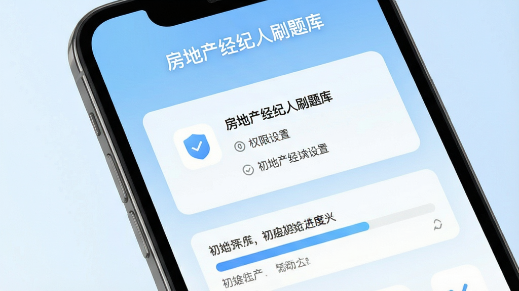 一张手机屏幕展示房地产经纪人刷题库安装完成后的首次启动引导页面,画面中有权限设置提示和题库初始化进度条,顶部显示应用名称“房地产经纪人刷题库”,背景为淡蓝色渐变,风格简洁明快,布局清晰,画质高清干净
