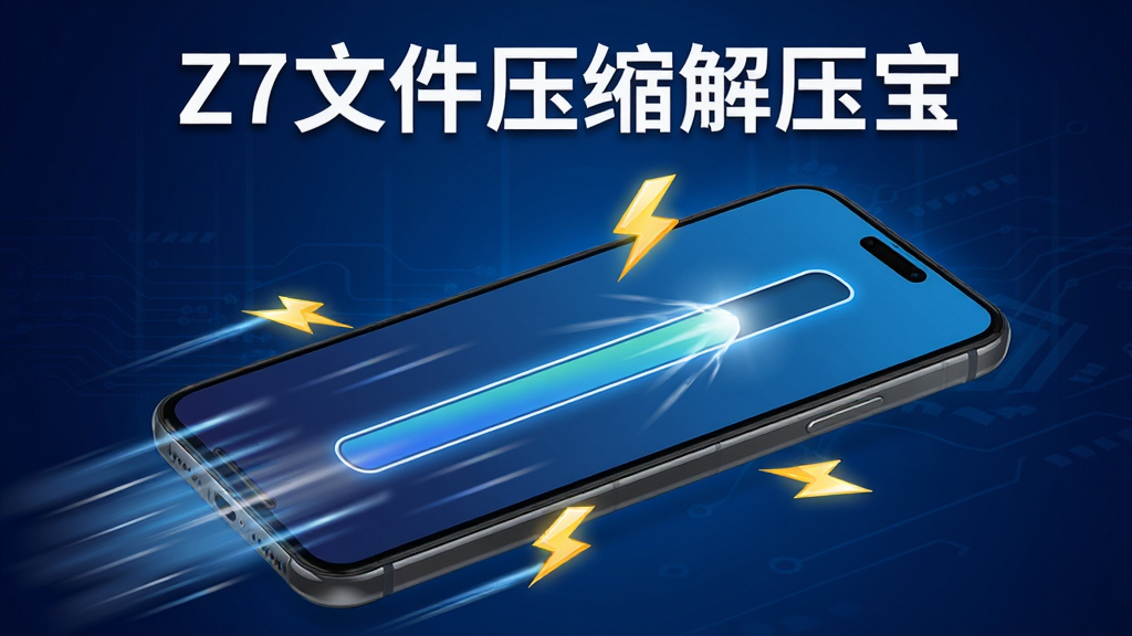 一张表现Z7文件压缩解压宝高速处理能力的图片,画面中手机屏幕显示进度条快速前进,周围有速度线条和闪电符号,屏幕上方写着“Z7文件压缩解压宝”,背景为深蓝色科技感渐变,风格动感,细节清晰,画质干净,无多余元素