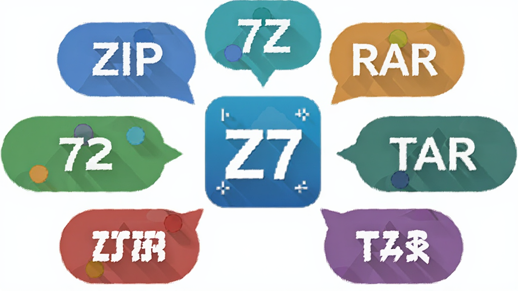 一张展示Z7文件压缩解压宝格式兼容能力的示意图,画面中央是软件图标,周围环绕着ZIP、7Z、RAR、TAR等格式标签,标签以彩色气泡形式呈现,背景为干净的白色,风格扁平化,细节清晰,画质干净,无多余元素