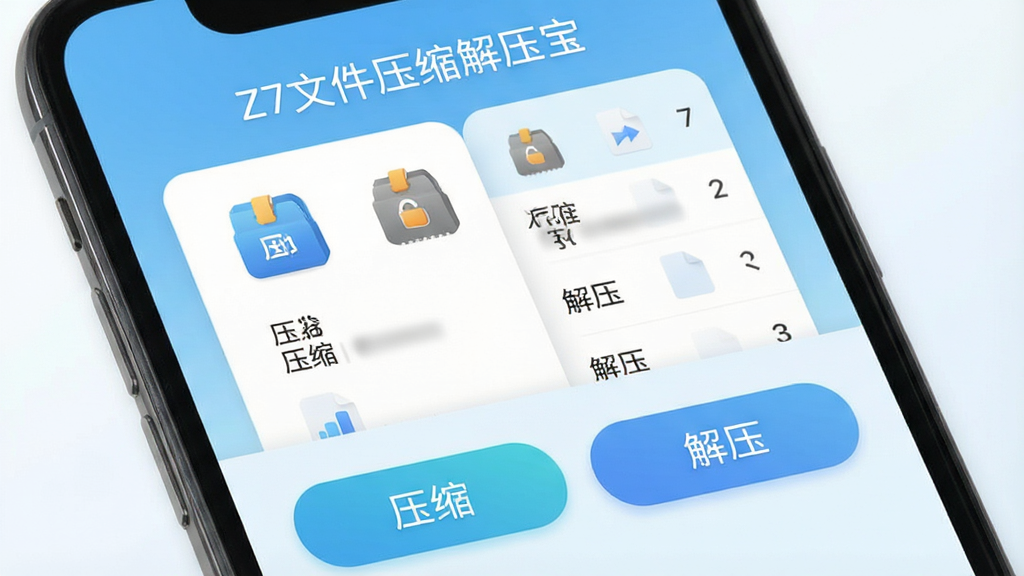 一张展示手机屏幕的图片,屏幕中央是Z7文件压缩解压宝的应用界面,界面采用卡片式布局,上方显示“Z7文件压缩解压宝”名称,中间排列着压缩包图标和文件列表,下方有“压缩”“解压”两个大按钮,背景为浅蓝色渐变,风格简洁现代,细节清晰,画质干净,无多余元素