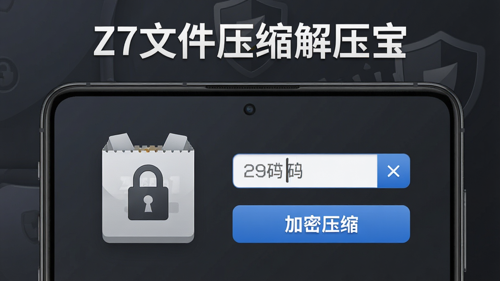 一张表现Z7文件压缩解压宝加密功能的图片,画面中手机屏幕显示一个带锁的压缩包图标,旁边有密码输入框和“加密压缩”按钮,屏幕上方写着“Z7文件压缩解压宝”,背景为深灰色安全风格,细节清晰,画质干净,无多余元素