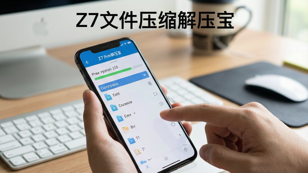 一张展示手机使用Z7文件压缩解压宝解压文件的场景图,手机屏幕显示解压进度条和文件列表,旁边有手指点击屏幕的动作,屏幕上方写着“Z7文件压缩解压宝”,背景为办公桌面环境,风格真实自然,细节清晰,画质干净,无多余元素