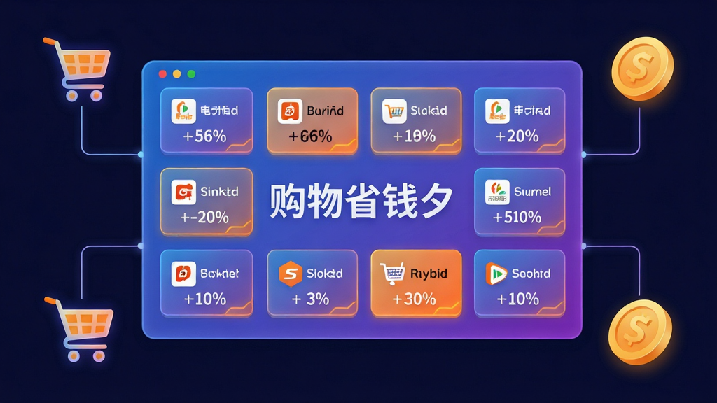 主体为一块悬浮的虚拟数据面板,面板上排列多个电商平台的返利比例卡片;布局为面板居中,四周有细线连接的购物车图标与金币图标环绕;排版上卡片呈网格状分布,每张卡片包含平台标识与百分比数字;风格为科技感扁平插画风,主色为蓝紫渐变搭配亮橙点缀;细节上卡片边缘有轻微发光,金币图标有立体质感;面板中央显示文字“购物省钱夕”;画质清晰,干净,无多余元素。</p>