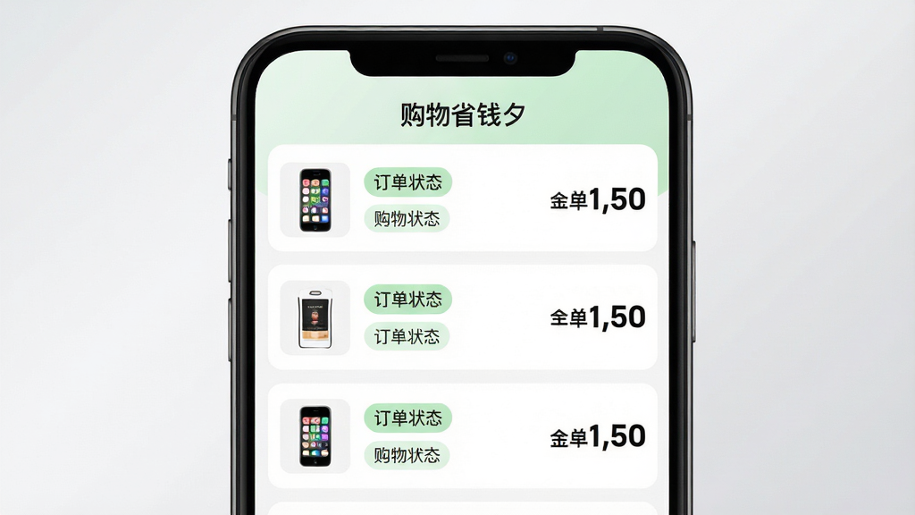 主体为一部手机屏幕特写,屏幕显示订单返利跟踪列表,包含订单状态标签与金额数字;布局为手机居中,背景为浅灰渐变;排版上列表条目上下排列,每条包含商品缩略图、状态文字与金额;风格为简洁UI展示风,色调以白色与浅绿为主;细节上状态标签有圆角与浅色底,金额数字加粗显示;屏幕顶部显示文字“购物省钱夕”;画质高清,干净,无多余元素。</p>