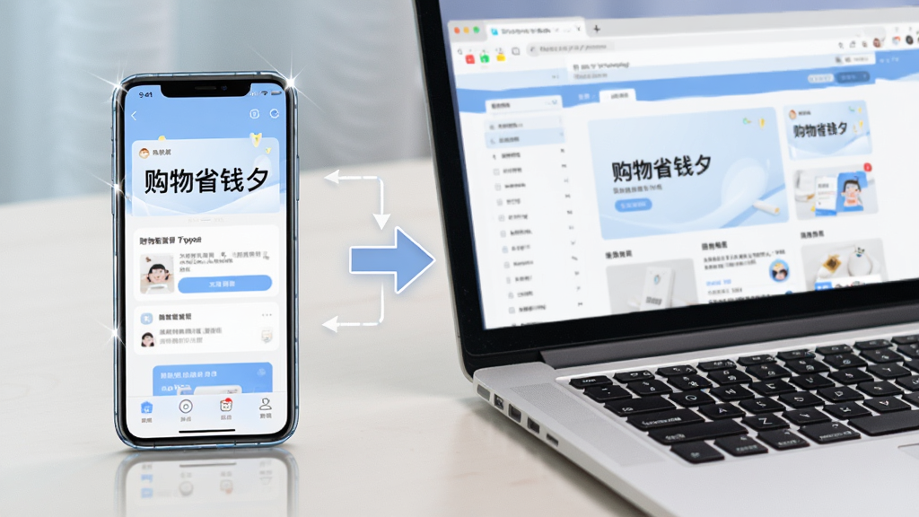 主体为一部手机与一台笔记本电脑并排摆放,手机屏幕显示应用操作界面,电脑屏幕显示网页版页面;布局为左右对比构图,背景为浅色桌面;排版上手机与电脑屏幕内容清晰可见,中间有箭头符号表示数据同步;风格为简洁教程示意风,色调以白、浅蓝与灰色为主;细节上手机边缘有高光,电脑键盘有轻微阴影;画面中手机屏幕显示文字“购物省钱夕”;画质高清,干净,无多余元素。</p>