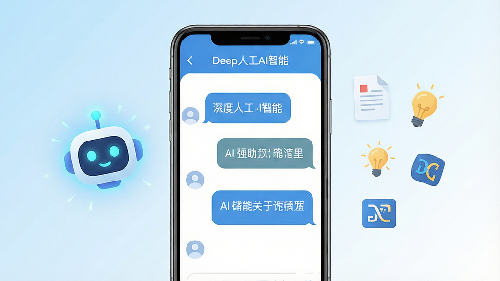 画面中央放置一部智能手机,手机屏幕上显示“Deep人工AI智能”的聊天对话界面,界面内有用户提问气泡与AI回复气泡,气泡文字清晰可辨;手机左侧漂浮一个发光的AI机器人头像图标,右侧散落文档、灯泡、翻译符号等小图标;整体采用浅蓝与白色渐变背景,扁平化科技风格,布局简洁居中,细节干净,画质高清,无多余装饰元素