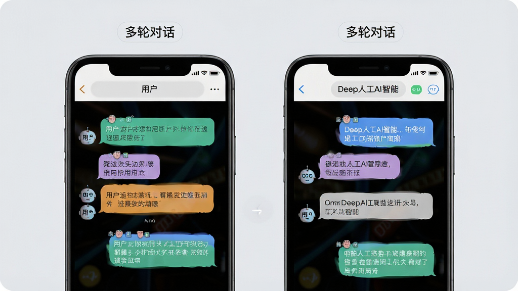 画面展示两个并排的手机屏幕,左侧屏幕显示用户连续发送三条追问消息,右侧屏幕显示“Deep人工AI智能”逐条给出递进式回复,对话气泡用不同颜色区分用户与AI;背景为柔和的浅灰色,屏幕上方有“多轮对话”字样的标签,风格简约现代,布局左右对称,细节清晰,画质干净高清