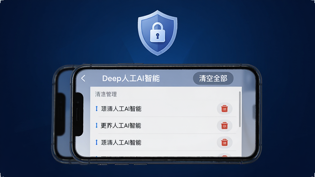 画面中央是一部手机,屏幕上显示“Deep人工AI智能”的会话管理界面,列表项右侧有删除按钮,顶部有“清空全部”选项;手机上方漂浮一个盾牌图标与锁形符号,象征隐私保护;背景为深蓝色渐变,风格沉稳科技感,布局居中,细节简洁,画质高清无噪点