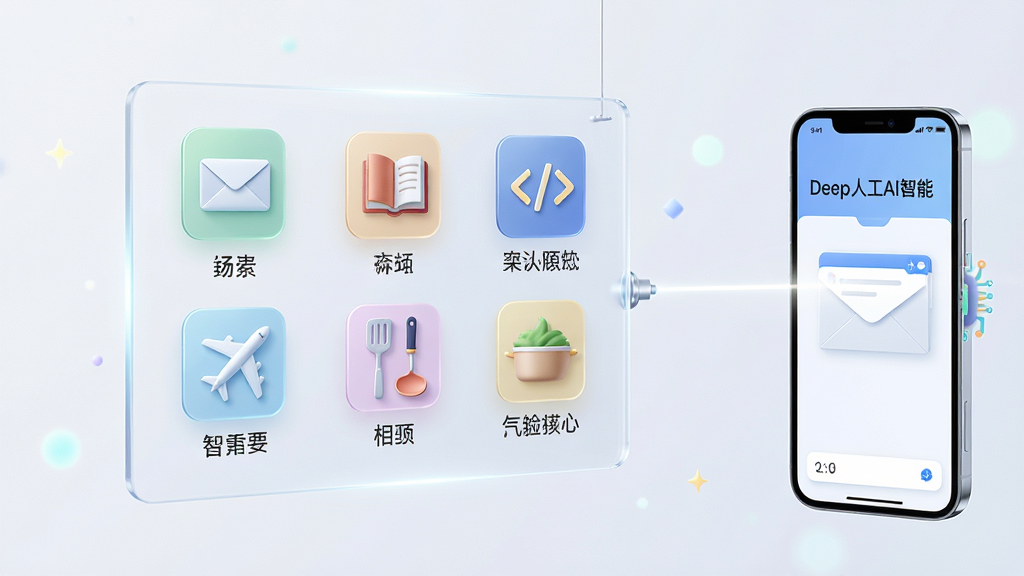 画面中心是一块悬浮的半透明面板,面板上排列多个场景图标,包括信封、书本、代码符号、飞机、锅铲等,每个图标下方标注对应场景名称;面板右侧伸出一条光线连接手机屏幕,屏幕上显示“Deep人工AI智能”正在生成一封邮件;整体风格清新明亮,布局错落有致,细节精致,画质高清,背景干净无杂乱