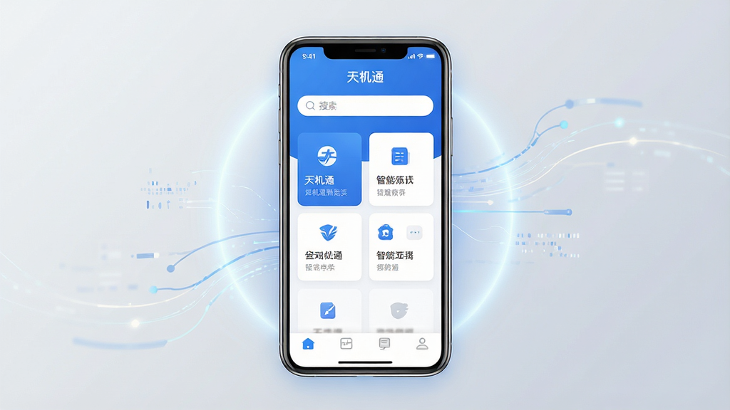 一张竖版手机应用界面展示图,画面中央是一部现代智能手机,手机屏幕上显示“天机通”应用的主页界面,界面包含顶部搜索栏、中部功能卡片和底部导航栏,整体采用蓝白配色,风格简洁清爽,手机周围有柔和的光晕和轻量化的数据流动线条装饰,背景为浅灰色渐变,画质清晰干净,无多余元素,无杂乱文字