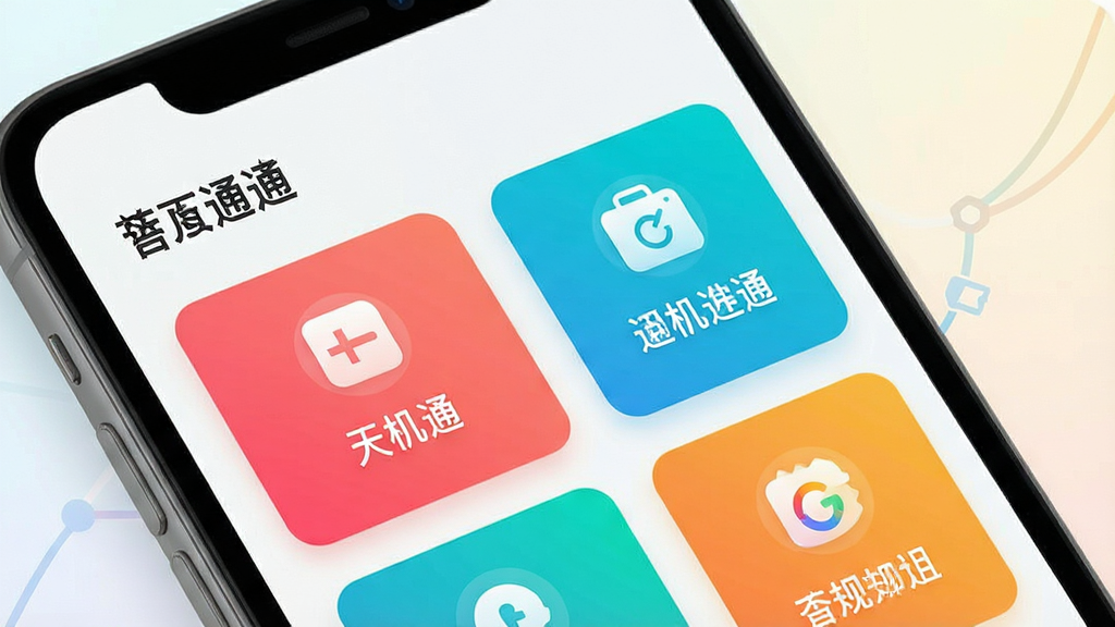 一张手机应用功能卡片展示图,画面主体为“天机通”应用首页的功能模块区域,多个彩色功能卡片整齐排列,卡片上带有简洁图标和短文字标签,背景为浅色渐变,风格现代简约,细节干净,画质高清,无多余装饰元素