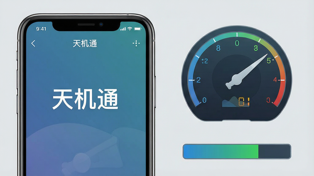 一张展示手机运行状态的示意图,画面中一部手机屏幕显示“天机通”应用的运行界面,旁边配有简洁的速度仪表盘和内存占用示意图形,整体风格科技感适中、色调冷静,背景为纯色浅灰,画面干净整洁,画质清晰,无多余文字堆砌