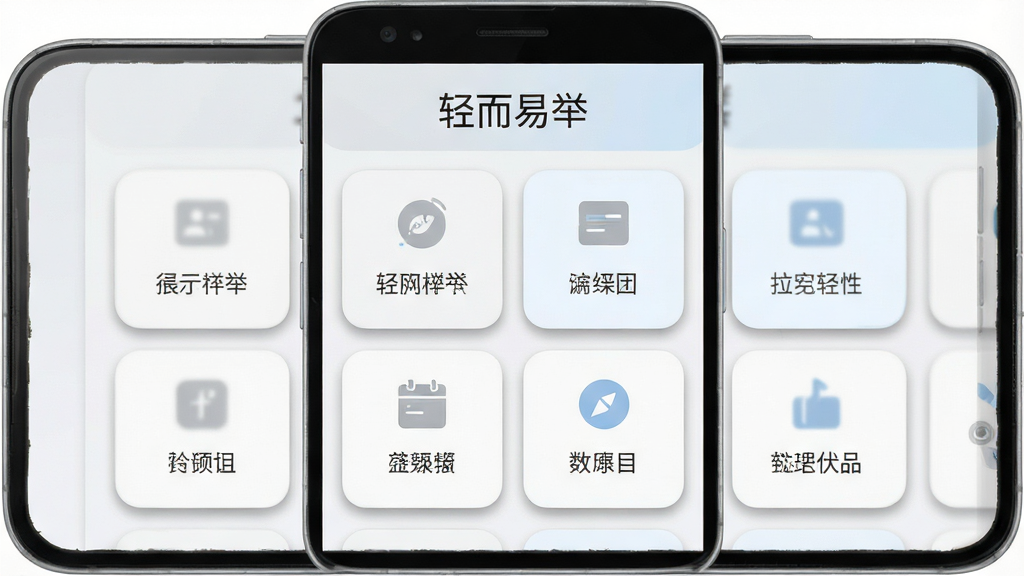 一张展示软件功能界面的示意图,画面为一部安卓手机正面视角,屏幕内呈现多个圆角卡片排列,每张卡片包含图标与中文说明文字,界面顶部显示