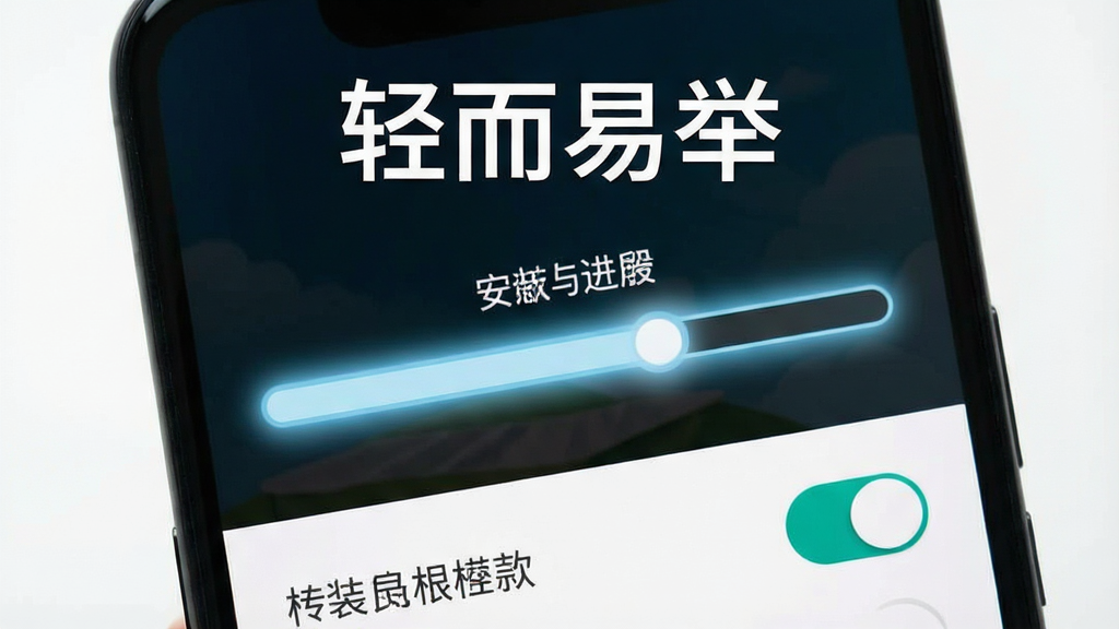 一张展示安卓手机安装与设置流程的示意图,画面为手机屏幕特写,屏幕内呈现安装进度条与权限设置开关界面,界面文字为中文,顶部显示