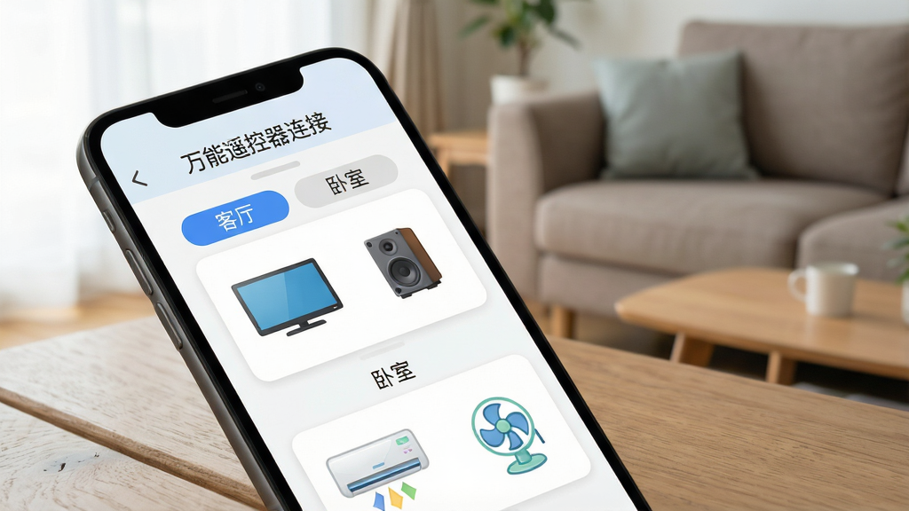 一张展示多设备分组管理功能的场景图,画面为手机屏幕显示“客厅”与“卧室”两个分组标签,客厅组内有电视和音响图标,卧室组内有空调和风扇图标,布局为手机倾斜放置于木质桌面,背景虚化显示客厅沙发一角,风格为生活化产品展示风,细节包含“万能遥控器连接”软件名称在屏幕顶部,画质明亮清晰,无多余杂物