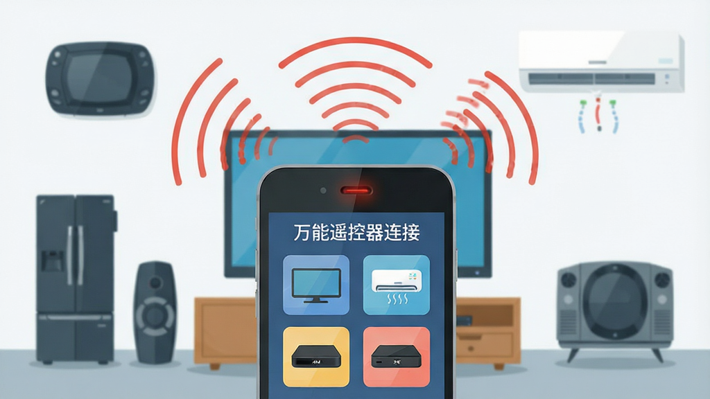 一张展示智能手机顶部红外发射口对准客厅电视和空调的插画,手机屏幕显示“万能遥控器连接”软件界面,界面中包含电视、空调、机顶盒的图标按钮,布局为手机居中、家电环绕四周,风格为扁平化科技插画,细节包含红外波纹信号线从手机射出连接各设备,画质清晰干净,无多余元素