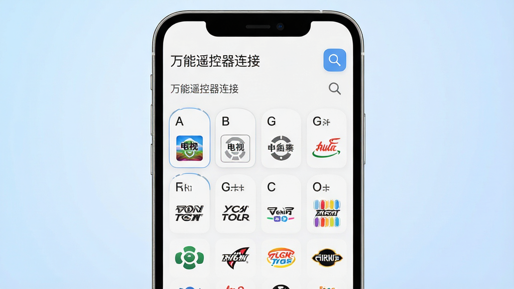 一张展示软件内部红外码库界面的示意图,画面主体为手机屏幕特写,屏幕内呈现按品牌首字母排列的电视与空调品牌列表,右侧有搜索放大镜图标,布局为手机居中、背景为淡蓝色渐变,风格为简洁UI展示风,细节包含“万能遥控器连接”文字标识与品牌图标网格,画质高清干净,无杂乱装饰