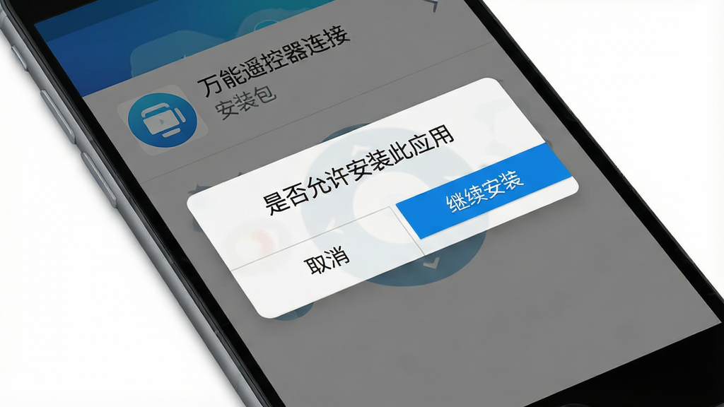 一张展示手机安装APK时弹出权限提示界面的示意图,画面为手机屏幕特写,屏幕中央显示“是否允许安装此应用”的对话框,下方有“取消”与“继续安装”两个按钮,布局为手机正面平放,风格为系统界面写实风,细节包含“万能遥控器连接”安装包名称在对话框上方,画质清晰干净,无多余装饰