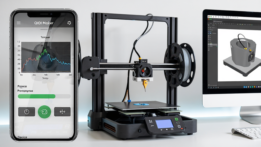 һ��չʾQIDI Maker��������ĳ���ͼ����������Ϊһ�������ֻ����ֻ���Ļ����ʾ3D��ӡ��ʵʱ״̬��壬�����¶����ߡ���ӡ���������豸���ư�ť������Ϊ��������滷�����Ա߷���һ̨���ڹ�����3D��ӡ�������岼�������ҽṹ������ֻ�������д���в�Ϊ��ӡ��ʵ�壬�Ҳ�Ϊ������Ļ��ʾ��ƬԤ�������Ϊ�ִ��Ƽ�дʵ�磬ϸ�ڰ�����Ļ���⡢��ӡ����ͷ��д���߲ľ��̣����������������ɾ��������޶�������Ԫ��