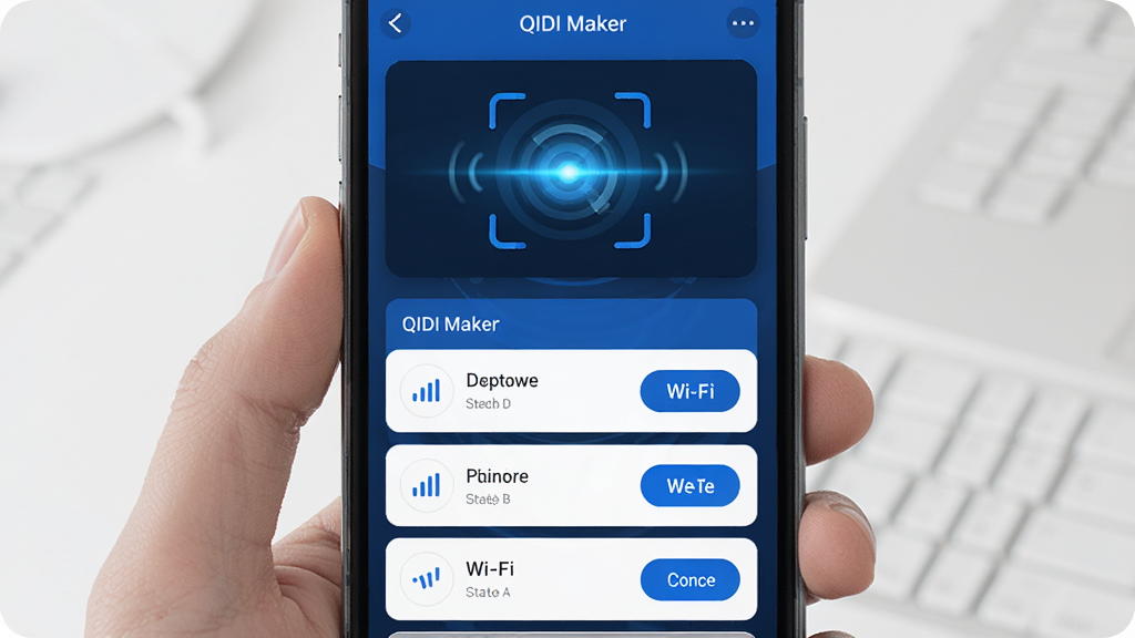 QIDI Maker�������ý����ͼ���ͼ���ֻ���Ļ��ʾ�豸ɨ���б���Wi-Fi����״ָ̬ʾ������Ϊ���п�Ƭʽ��ƣ��Ϸ�Ϊɨ�趯�������·�Ϊ�ѷ����豸�б������Ϊ��ɫ�Ƽ���UI��ϸ�ڰ����ź�ǿ��ͼ�ꡢ�豸�������ֺ����Ӱ�ť����������������ɾ�����