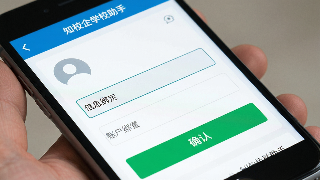 主体为手机屏幕特写,展示账户绑定设置页面,布局为顶部标题栏、中部信息表单、底部确认按钮三段式结构,排版纵向排列层次分明,风格为清爽扁平化界面设计,细节包含头像占位图标、输入框线条与绿色确认按钮,画质清晰干净无多余元素,画面中文字标注“知校企学校助手”