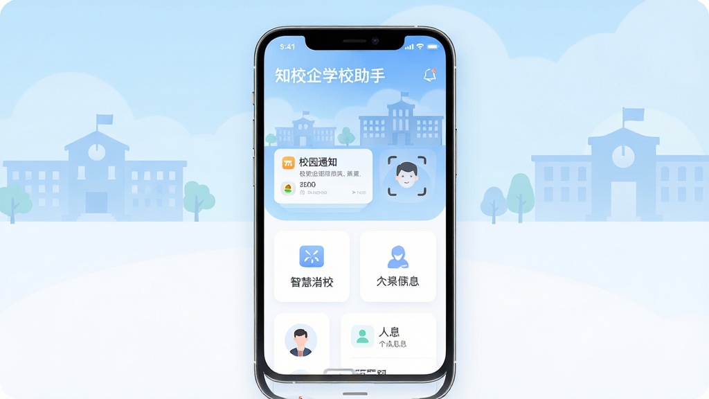 主体为一部智能手机居中放置,屏幕内展示智慧校园应用界面,包含校园通知卡片、刷脸验证图标与个人信息模块,布局采用上下分层结构,上方为浅蓝色渐变背景与校园建筑剪影,下方为白色功能卡片区域,排版整齐留白充足,风格为现代扁平化UI插画,细节包含圆角图标、柔和阴影与简洁线条,画质清晰干净无多余元素,画面中文字标注“知校企学校助手”