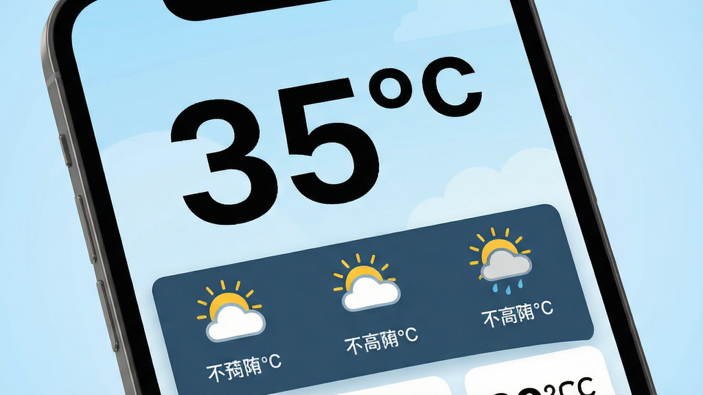 画面主体是天气预报官大字版的应用界面特写,布局上超大号温度数字位于屏幕上方正中,下方依次排列天气图标与文字说明,排版层次分明,风格为高对比度扁平化设计,细节上文字边缘锐利清晰,背景为柔和的浅蓝色渐变,画质高清,画面干净,无多余元素