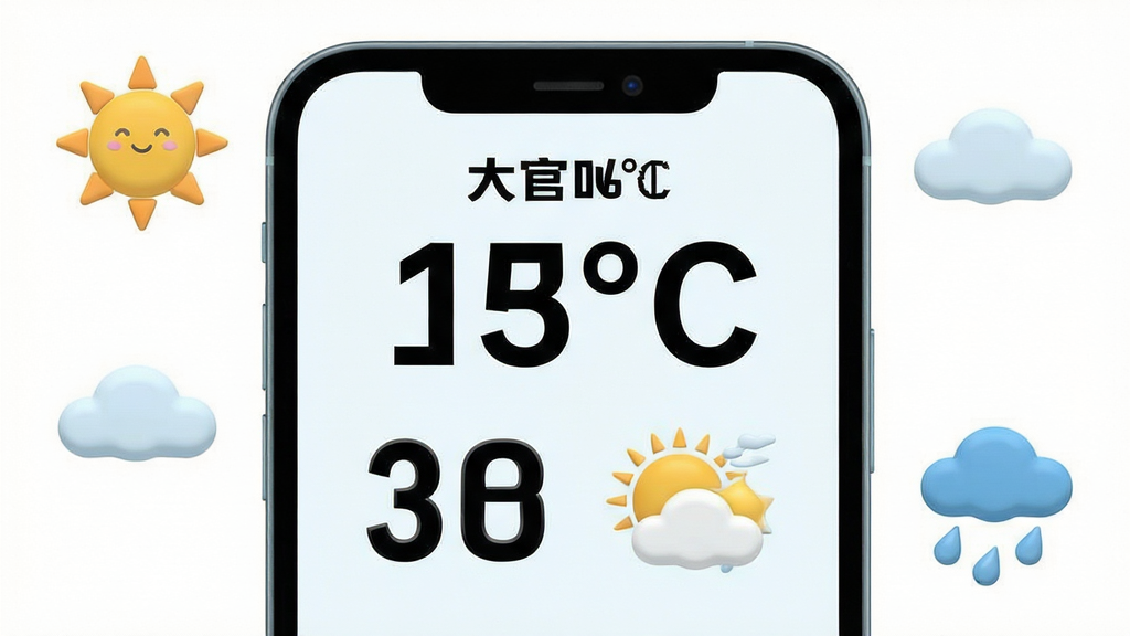 画面主体是一部智能手机,屏幕上显示着天气预报官大字版的界面,巨大的温度数字和天气图标占据屏幕中央,布局简洁清晰,排版上采用居中对称结构,风格为清爽的扁平化设计,细节上手机周围环绕着太阳、云朵、雨滴等立体小图标,画质高清,画面干净,无多余元素