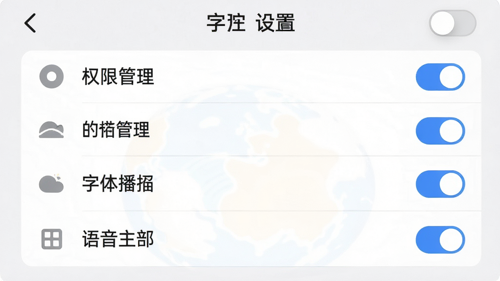 画面主体是天气预报官大字版的设置界面截图,布局上以列表形式展示权限管理、字体调节、语音播报等选项,排版清晰有序,风格为简洁设置页设计,细节上每个选项旁配有图标与开关按钮,画质高清,画面干净,无多余元素