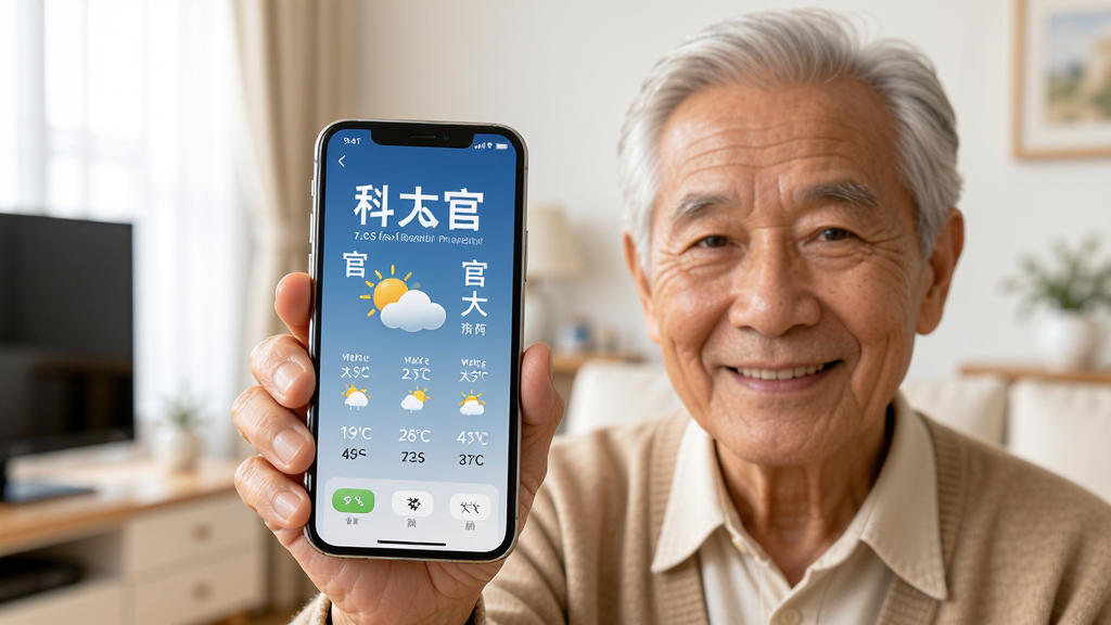 画面主体是一位老人手持智能手机,屏幕上显示天气预报官大字版界面,布局上老人位于画面右侧,手机屏幕朝向观众,排版自然,风格为温馨生活化摄影风格,细节上老人面带微笑,背景为明亮的室内环境,画质高清,画面干净,无多余元素