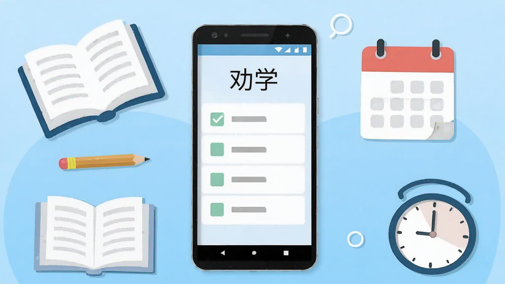 画面中央是一部竖屏安卓手机,手机屏幕上显示简洁的学习任务清单界面,顶部有“劝学”字样,手机周围环绕打开的书本、铅笔、日历和时钟等学习元素,背景为浅蓝色渐变,整体采用扁平化插画风格,布局居中对称,细节干净清爽,画质清晰,无多余装饰元素