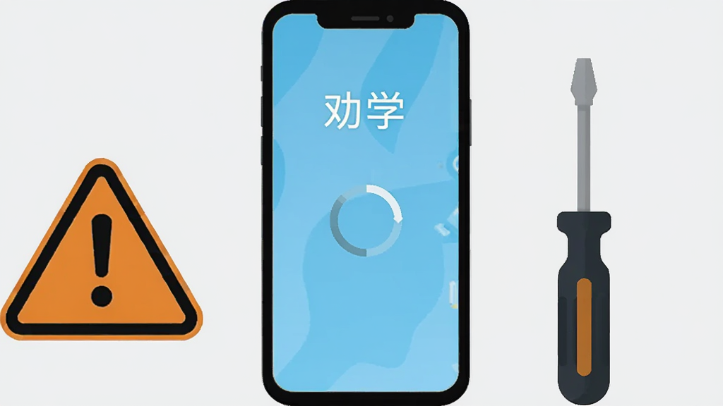 一部手机屏幕显示“劝学”应用界面出现加载转圈状态,旁边放置一个带感叹号的警示图标和一把螺丝刀工具,背景为浅灰色,构图简洁直观,风格为扁平化信息图,画质清晰干净,无多余文字