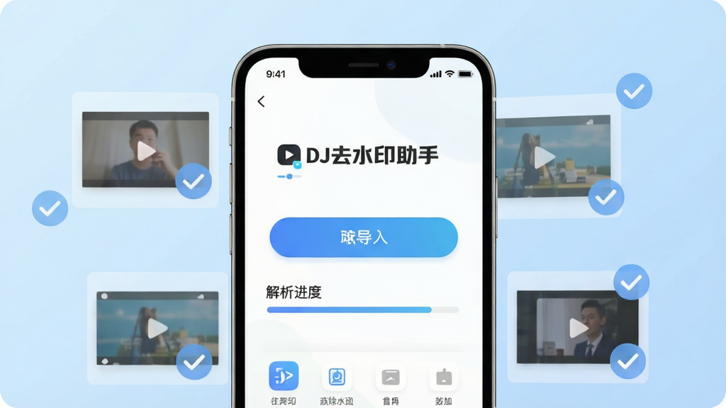 画面中央放置一部智能手机,手机屏幕显示“DJ去水印助手”应用界面,界面中有视频导入按钮与解析进度条,手机周围环绕几个半透明视频缩略图与去除水印的对勾图标,背景为浅蓝色渐变,整体布局简洁居中,风格为扁平化科技插画,细节包含干净的应用图标与清晰的功能分区,画质清晰明亮,无多余装饰元素