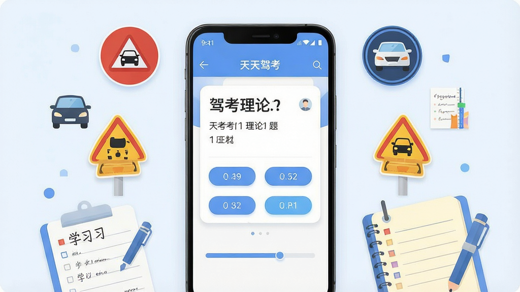 一张展示天天驾考软件界面的手机应用预览图,画面中央是一部竖屏安卓手机,手机屏幕上显示驾考理论题库练习界面,包含题目卡片、选项按钮与进度条,手机周围环绕交通标志图标与学习笔记元素,布局为居中对称构图,风格为清爽扁平化UI展示风,细节包括柔和的蓝白配色、圆角卡片与轻微投影,画质清晰干净,无多余元素