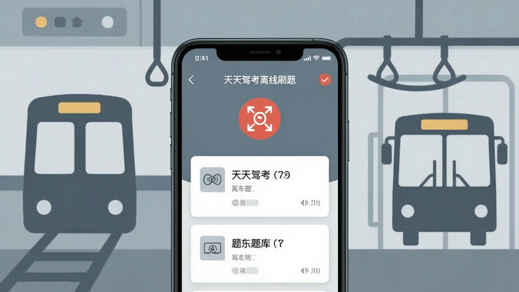 一张展示天天驾考离线刷题场景的示意图,画面为手机在无网络图标状态下显示题库练习界面,布局为手机居中、背景带有地铁与公交剪影元素,风格为生活化学习场景风,细节包括灰蓝色调、离线标识与简洁的题目卡片,画质清晰干净,无多余元素