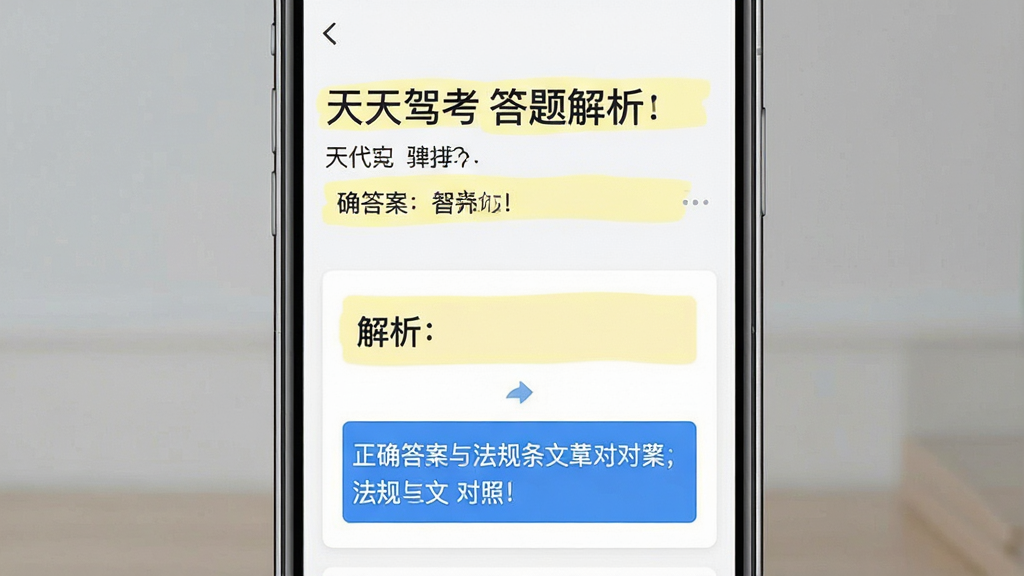一张展示天天驾考答题解析页面的示意图,画面为手机屏幕显示题目、正确答案与法规条文对照卡片,布局为上下结构,上方题目下方解析,风格为教育类应用展示风,细节包括淡黄色高亮标注、蓝色法规引用框与清晰的文字层级,画质清晰干净,无多余元素