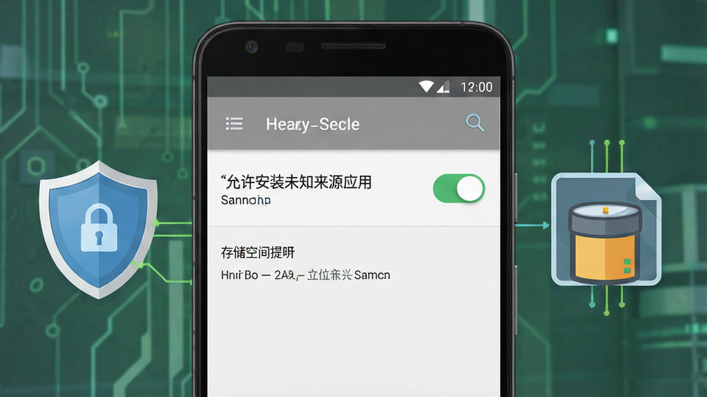 一张展示安卓手机安装应用权限设置界面的示意图,画面为手机屏幕显示「允许安装未知来源应用」开关与存储空间提示,布局为手机居中、旁边配有盾牌与存储图标,风格为数码安全提示风,细节包括绿色开关、灰色系统界面与清晰的文字标注,画质清晰干净,无多余元素