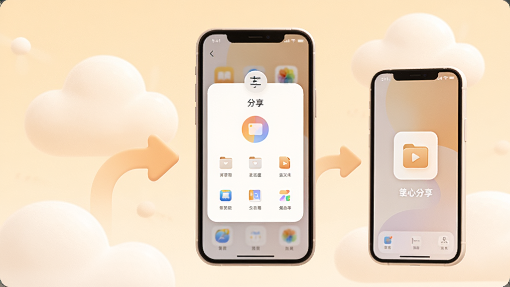 手机电子云盘文件分享功能展示图,画面中央一部手机显示分享面板,旁边有另一部手机接收文件,背景有云朵与箭头元素,风格柔和圆角,色调温暖,画质清晰干净,无多余元素