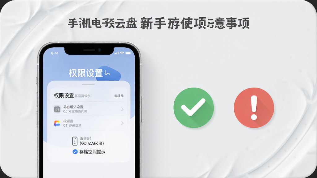 手机电子云盘新手使用注意事项示意图,画面中一部手机屏幕显示权限设置与存储空间提示,旁边有对勾与感叹号图标,风格浅灰质感,排版整齐,画质干净,无多余元素
